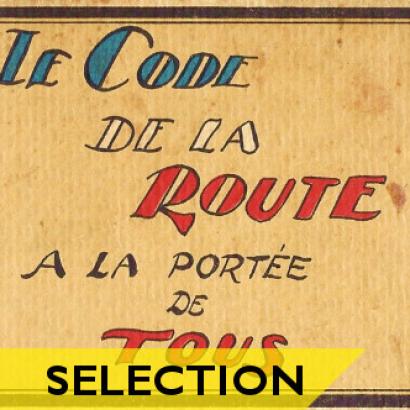 Page de couverture d'un album publicitaire composé de dessins humoristiques sur le code de la route en France vers 1930 (source Wikimedia)