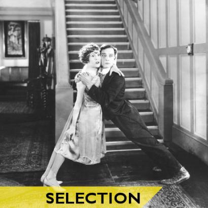 Image en noir et blanc extraite d'un film de Buster Keaton représentant un couple