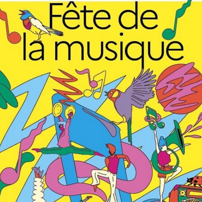 affiche officielle, personnages jouant différents instruments de musique